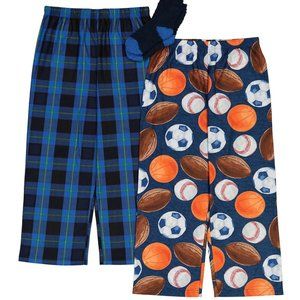 Boy's 3-Piece Pajama Pants & Socks Set   Blue & Black Plaid & Sports Balls  S-4